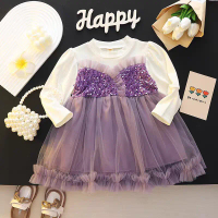 Angenius Dress Gaun Lengan Panjang Anak Perempuan Knite Polos O-Neck Pernik Menyatu Rok Tutu Tile Lo