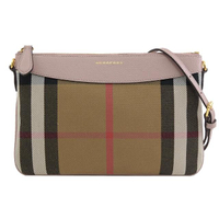 【BURBERRY 巴寶莉】經典格紋棉麻拼接手拿斜背包(駝/粉邊)