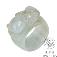 【漢石齋】天然翡翠A貨 如意瑞獸玉戒指 冰種帶黃翡(國際戒圍16號)