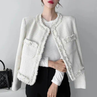 French O Neck Simple Solid Women Coats Raw Edge Patchwork Chic Single-breasted Jackets Loose Pocket Woolen Tweed Female Tops