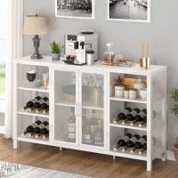 Cabinet for Liquor and Glasses, Modern Sideboard and Buffet Cabinet with Wine Rack, Wood and Metal Coffee Bar Cabinet