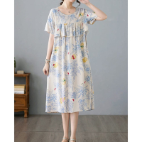 SCL-南加州丹寧-品青花瓷氣質文采連身裙短袖洋裝