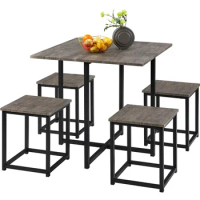 5Pcs Dining Set with Industrial Square Table and 4 Backless Chairs, Dining Room set