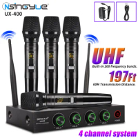 4 Channel Wireless Microphone System UHF Handheld Dynamic Microphone for Home Karaoke Singing Loudspeaker Speech,UX-400