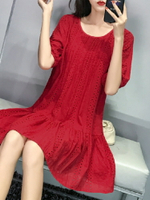 紅色娃娃衫連衣裙夏鏤空寬松三亞旅游穿搭海邊度假沙灘裙拍照衣服