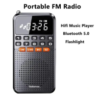 Mini Portable FM Radio Dual Antenna Pocket Radio Receiver Bluetooth 5.0 Speaker TF Card Music Player with LED Flashlight