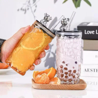 gelas kaca beruang tinggi free sedotan +kotak ko