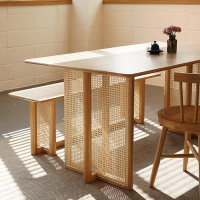 北歐實木 餐桌 家用 小戶型 餐桌 椅 組合 日式藤編長桌現代簡約民宿桌子