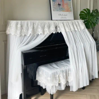 White Lace Embroidered Piano Cover Double Layer Gauze Hem Piano Dust Protective Case European Piano Covered Stool Cushion