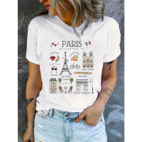 Áo thun nữ in hình tháp Eiffel Paris, dáng casual, chất liệu cotton, tay ngắn