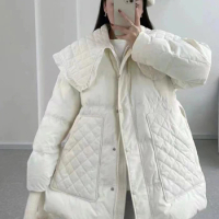 2022 New Winter Women Loose Navy Shawl Collar Coat 90% White Duck Down Casual Belt Warm Simple Outerwear Fashion Streetwear