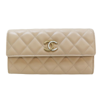 【二手名牌BRAND OFF】CHANEL 香奈兒【再降價】【再降價】 膚色 羊皮 菱格紋 扣式長夾