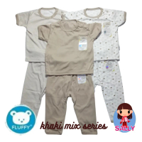 Fluffy S M L - 3 Setel Baju Oblong Pendek Kancing Bahu Celana Panjang Mix Motif Bayi Laki Perempuan 