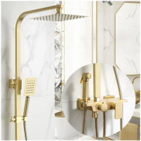 Shower faucet set Brush gold wall mounted shower faucet suit brass water mixer brass support Rainfall shower head and bidet gun