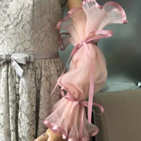 Pink Fluffy Semi Sheer Women Off Shoulder Style Detachable Sleeves For Bride With Pompom Puffy Ruffled Long Gloves with Ribbon