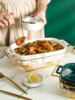 北歐長方形雙耳陶瓷鍋家用餐具輕火加熱酒店干湯鍋創意鍋架帶燭托