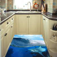 DT3843D防滑地貼紙 藍天海浪鯊魚 房門浴室廚房防水地板裝飾1入