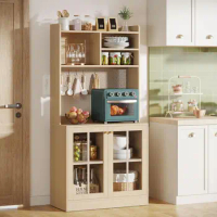 70.8-Inch Kitchen Pantry Cabinet, Tall Hutch Cabinet Microwave Cabinet with Tempered Glass Doors, Top Open Storage Shelves