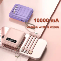Mini Power Bank 10000mAh Universal Powerbank Portable External Battery Come with 4 in 1 Charging Cable for iPhone Samsung Xiaomi