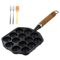 Baking Octopus Ball Gift Takoyaki Pan Pancake With Forks Cast Iron Wood Handle Home Kitchen Professional Gas Stove 14 Holes