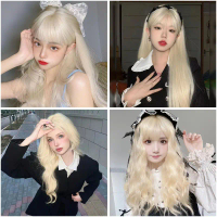 White Gold Wig Long Straight / Curly Wig With Bangs Synthetic Wig White Gold Korean Style For Women 
