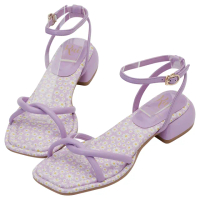【Grace Gift】小貓聯名-鬆軟麻花真皮澎澎鞋墊中跟涼鞋(淺紫)