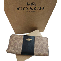 【COACH】COACH Signature 經典塗層帆布牛皮拉鍊長夾 專櫃款母親節送禮組 黑色(母親節送禮)