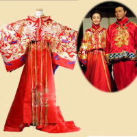 Tong LiYa Chen SiCheng Red Chinese Wedding Hanfu Couple Costume Sets Republican Period Wedding Bride and Groom Hanfu