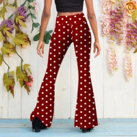 Top Sell Dot Printed Cargo Pants Women Plus Size Length Full Pants Flare Leg High Waist Trousers Cargo Pants For Women Plus Size