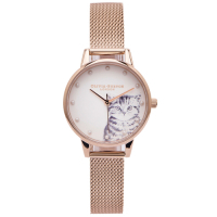 OLIVIA BURTON Q萌貓咪款米蘭帶錶帶手錶(OB16WL88)-白面x銀灰色/30mm