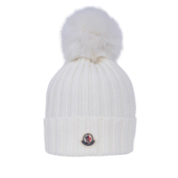 【MONCLER】毛球Logo 美麗諾羊毛毛帽(白色)
