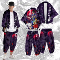 Chinese Cartoon Samurai Printed Japanese Style Kimono Haori And Pants Men Traditional Harajuku Streetwear Cardigan Yukata