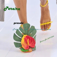 Yellow Leaf Decoration 2023 Runway Sandals Open Toe Strange Style Anthurium One Strap Women's Sadnals Ankle Strap Party Shoes