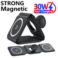 30W 3 in 1 Magnetic Wireless Charger Pad Stand for iPhone 15 14 13 12 Pro Max Fast Charging Dock Station for Apple Watch AirPods