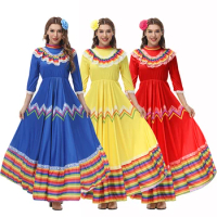 Women Mexican Long Dress With Flower Headwear Traditional Large Female Swing Elegant Dress For Halloween Carnival Theme Party