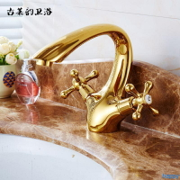 歐式金色黃銅水龍頭浴室雙把單孔仿古面盆臺盆冷熱龍頭