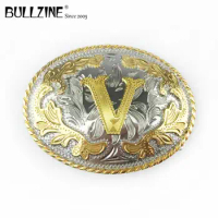 The Bullzine western flower with letter "V" belt buckle with silver and gold finish FP-03702-V for 4cm width snap on belt