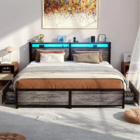 King Size Bed Frame with 4 Storage Drawers and Charging Station, Sturdy Platform Bed with Storage and LED Light, Bed Frame