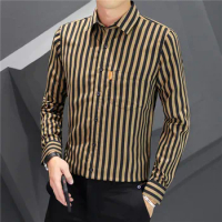 Long Sleeve Shirt Vertical Stripes Print Polo Shirt Autumn 2024 Men's Business Casual Retro Ethnic Clothing In Asian Size M-5XL