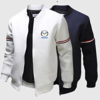 2024 Spring Autumn Men's Mazda Logo Print Casual Solid Color Round Neck Stripe Long Sleeve Cardigan Zipper Cotton Flight Jacket