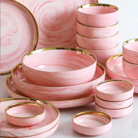 粉色北歐大理石紋金邊陶瓷西餐具套裝米飯碗小碟子涼菜盤子淺湯盤