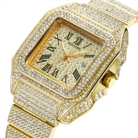 PINTIME Man Watch Luxury Diamonds Ice Out Square Quartz Wristwatch Waterproof Stainless Steel Band Business Clock Casuals Reloj