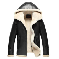 Mens Fur Coat Men's Shearling Jacket Hooded Coat B3 Flight Casual Jacket 100% Genuine Leather Outerwear Motorcycle Jacket TJ43