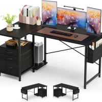 3-Tier Fabric Drawers,55 inch Reversible Corner Computer Gaming Desk with CPU Stand &amp; Storage Bag Shelves Work Study Table,Black