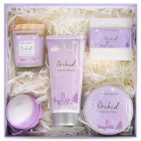 5 Piece Bath and Body Set with Orchid Scented Includes Scented Candle, Body Butter, Hand Cream, Bath Bar and Bath Bomb