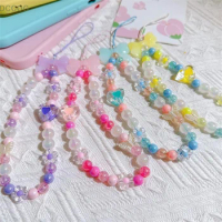 Sea Salt Jelly Bow Contrast Color Beaded Mobile Phone Chain Lanyard Keychain Bag Sweet Pendant Phone Wrist Strap Anti-Lost Chain