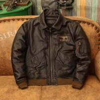 American Retro 45P Flight Suit Jacket Top Layer Dyed Cowhide Leather Leather Jacket Short Lapel Jacket for Male Motorcycle.