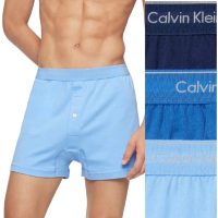 【Calvin Klein 凱文克萊】CK 男士純棉經典針織平角內褲 前開式鈕扣 四角褲內褲 3件組(藍色組)