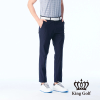 【KING GOLF】實體同步款-男款織帶拼接立體剪裁修身彈性休閒長褲/高爾夫球褲(藍色)
