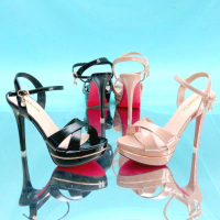 YKshoes 1636 heels 13cm strappy heels black beige heels sepatu hak stiletto  sepatu hak tali glossy 